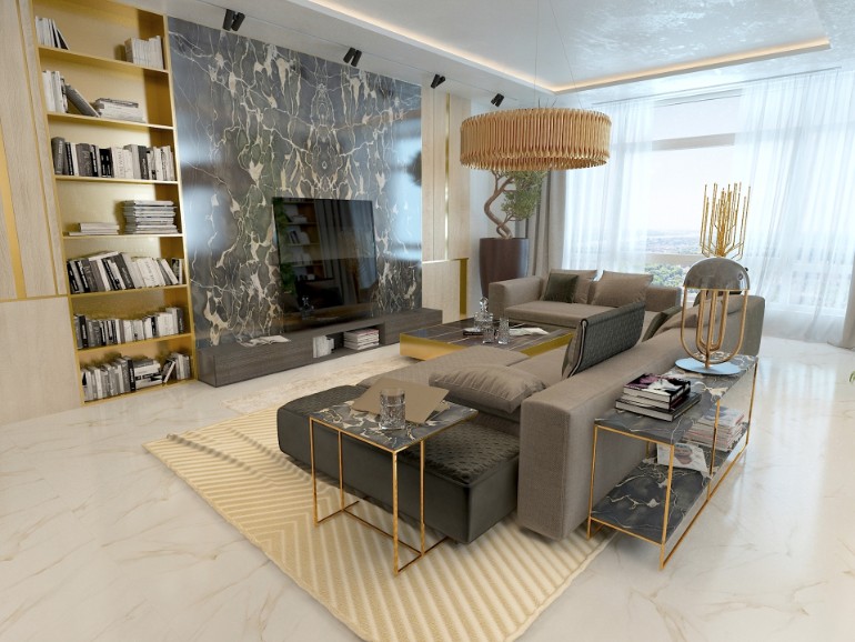 Luxury Living Room with Marble Details and Golden Lighting Designs